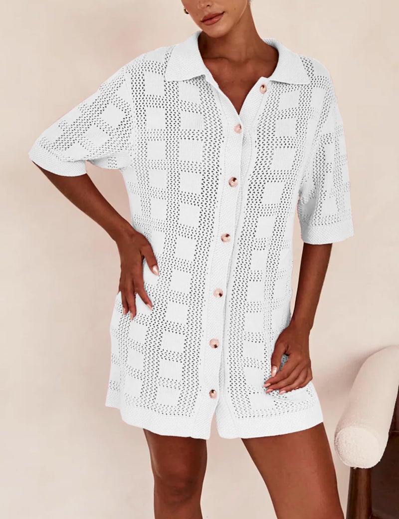 Lumister Lightweight Knit Dress Crochet Button Cover Up Bathing Suit Swimwear Knit Beach Summer Dress for Women White - Image 3