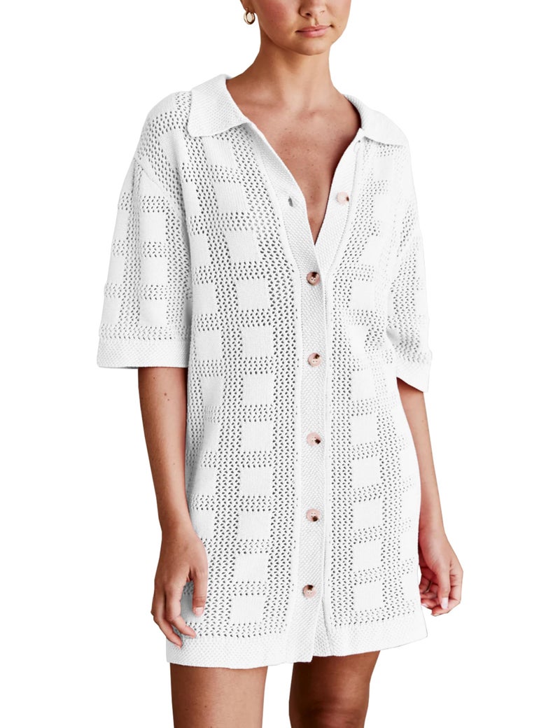 Lumister Lightweight Knit Dress Crochet Button Cover Up Bathing Suit Swimwear Knit Beach Summer Dress for Women White - Image 1