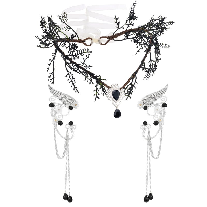 SWEETV Fairy Flower Hairband with Elf Ears Halloween Fairy Headpiece for Women Leaf Elf Circlet with Wings Cuff Earrings Leaf Hairband Set for Photoshoot Cosplay Party BlackLeafA one size - Image 2