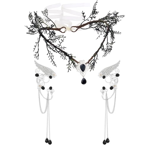 SWEETV Fairy Flower Hairband with Elf Ears Halloween Fairy Headpiece for Women Leaf Elf Circlet with Wings Cuff Earrings Leaf Hairband Set for Photoshoot Cosplay Party BlackLeafA one size - Image 1