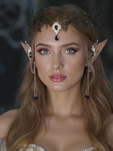 SWEETV Fairy Flower Hairband with Elf Ears Halloween Fairy Headpiece for Women Leaf Elf Circlet with Wings Cuff Earrings Leaf Hairband Set for Photoshoot Cosplay Party BlackLeafA one size - Image 3