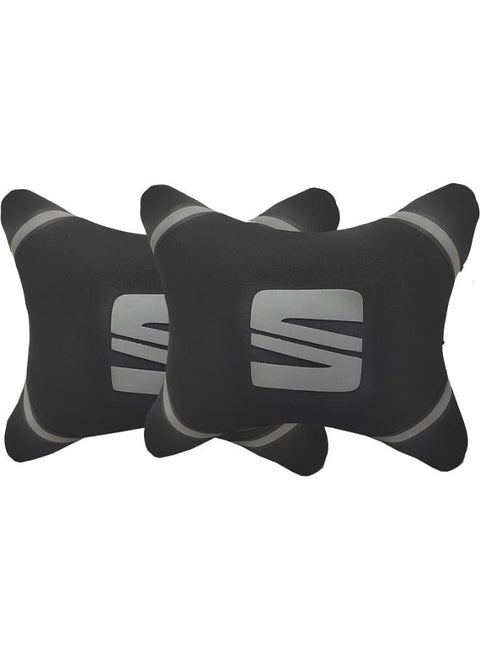 Set Of 2 Fabric Comfortable Neck Pillow With Reflected Seat Car Logo - Black White