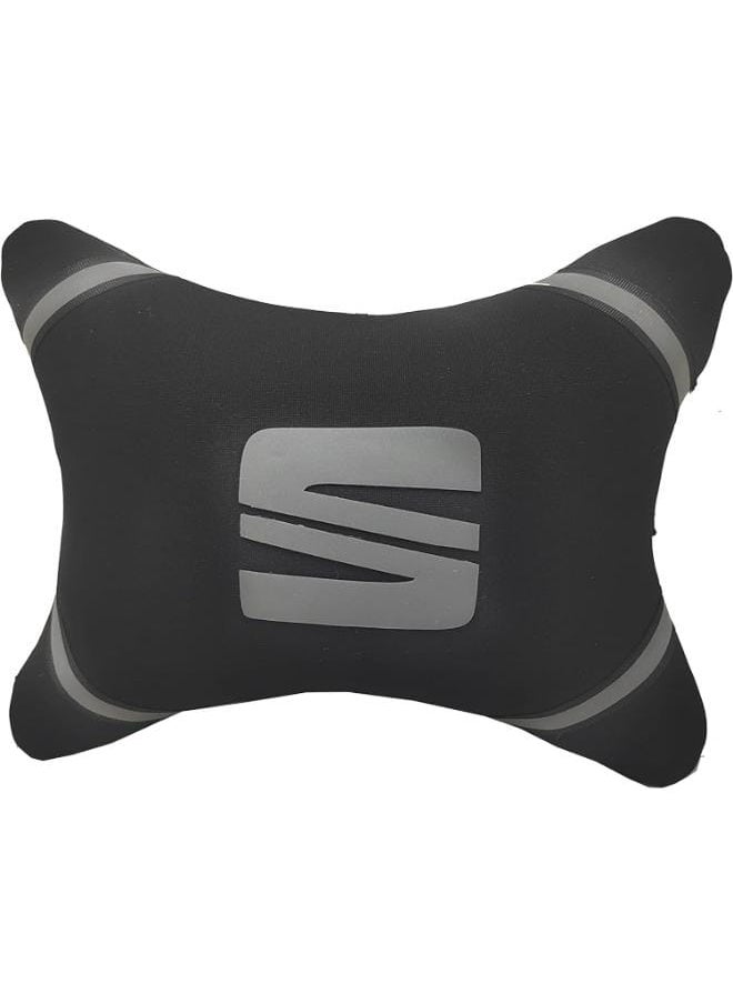 Set Of 2 Fabric Comfortable Neck Pillow With Reflected Seat Car Logo - Black White