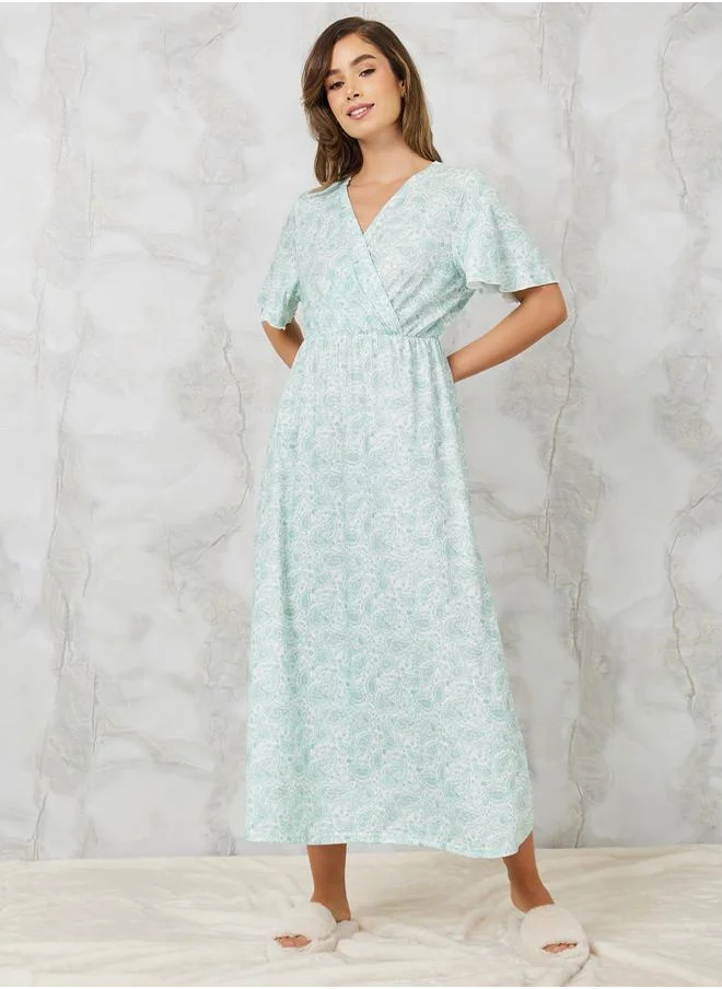 Styli Floral Printed Wrap Over Nightdress