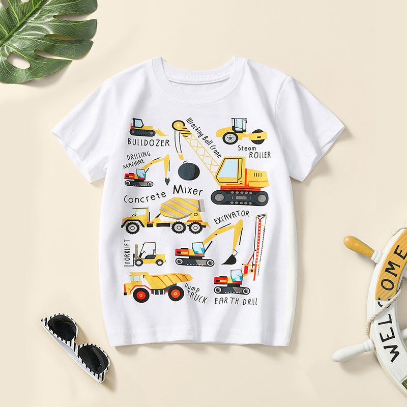 Summer Children'S Short-Sleeved T-Shirt Boys Round Neck Half-Sleeved Cartoon Excavator Printed Boys Summer - Image 1