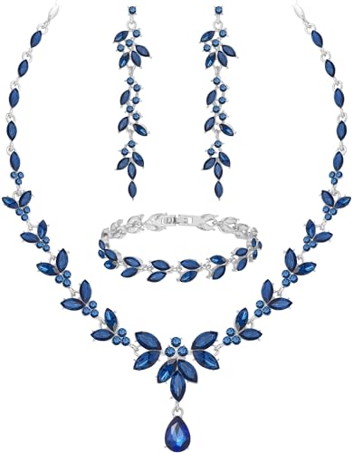 Paxuan Wedding Jewelry Sets for Bride Bridesmaid Bridal Jewelry Set for Women Wedding Crystal Necklace Earrings Bracelet Set for Party Prom Jewelry (Sapphire Blue - Silver) - Image 1