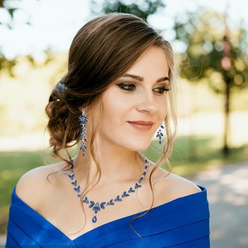 Paxuan Wedding Jewelry Sets for Bride Bridesmaid Bridal Jewelry Set for Women Wedding Crystal Necklace Earrings Bracelet Set for Party Prom Jewelry (Sapphire Blue - Silver) - Image 2