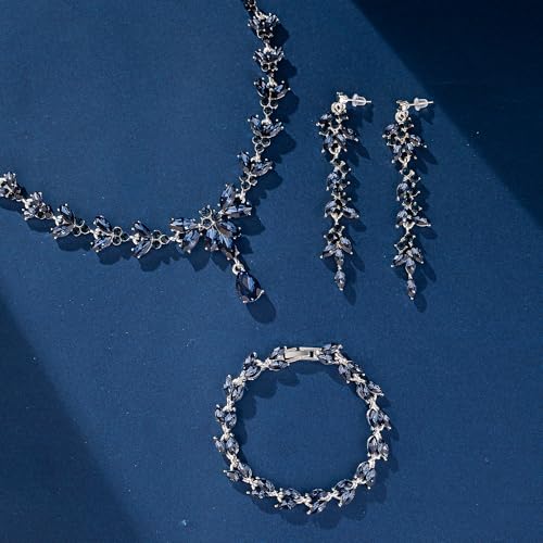 Paxuan Wedding Jewelry Sets for Bride Bridesmaid Bridal Jewelry Set for Women Wedding Crystal Necklace Earrings Bracelet Set for Party Prom Jewelry (Sapphire Blue - Silver) - Image 4