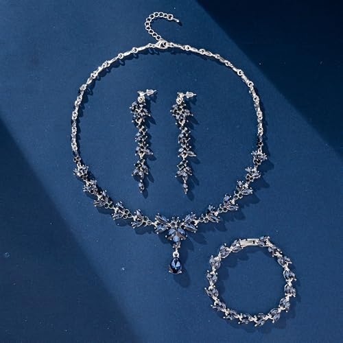 Paxuan Wedding Jewelry Sets for Bride Bridesmaid Bridal Jewelry Set for Women Wedding Crystal Necklace Earrings Bracelet Set for Party Prom Jewelry (Sapphire Blue - Silver) - Image 5