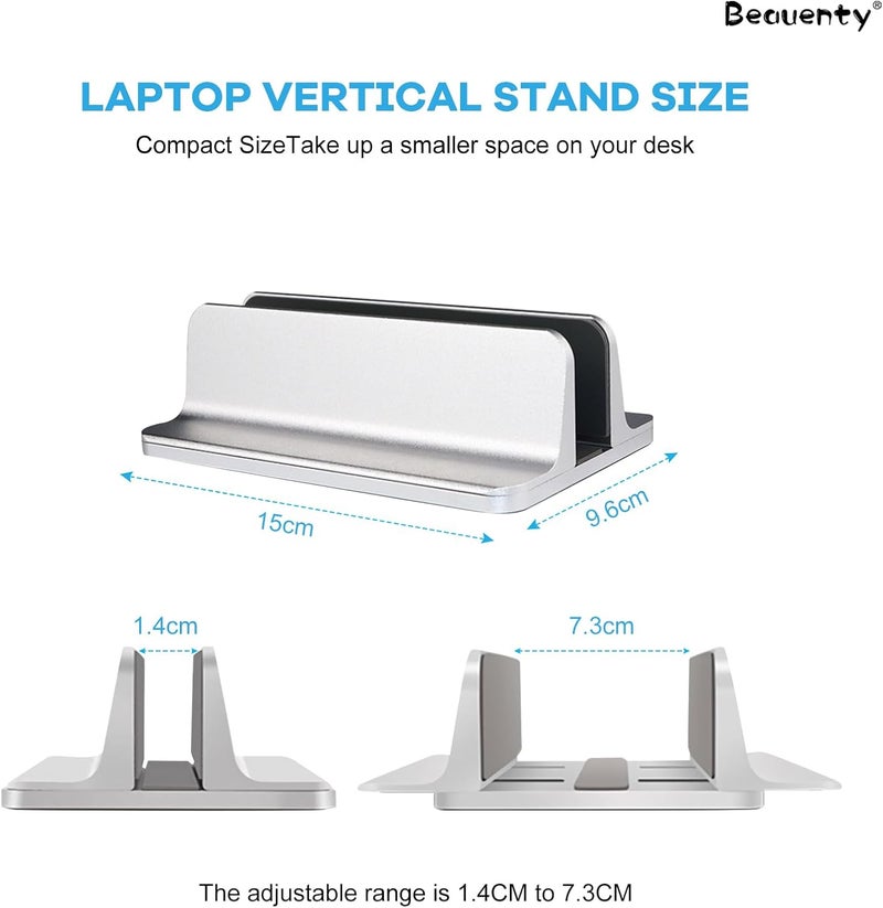 بيوينتي حامل عمودي للكمبيوتر المحمول، حامل كمبيوتر محمول سطح المكتب من سبائك الألومنيوم مع قاعدة سيليكون مانعة للانزلاق، حامل ماك بوك قابل للتعديل، حامل كمبيوتر لوحي وهاتف موفر للمساحة للمكتب (فضي) - Image 2