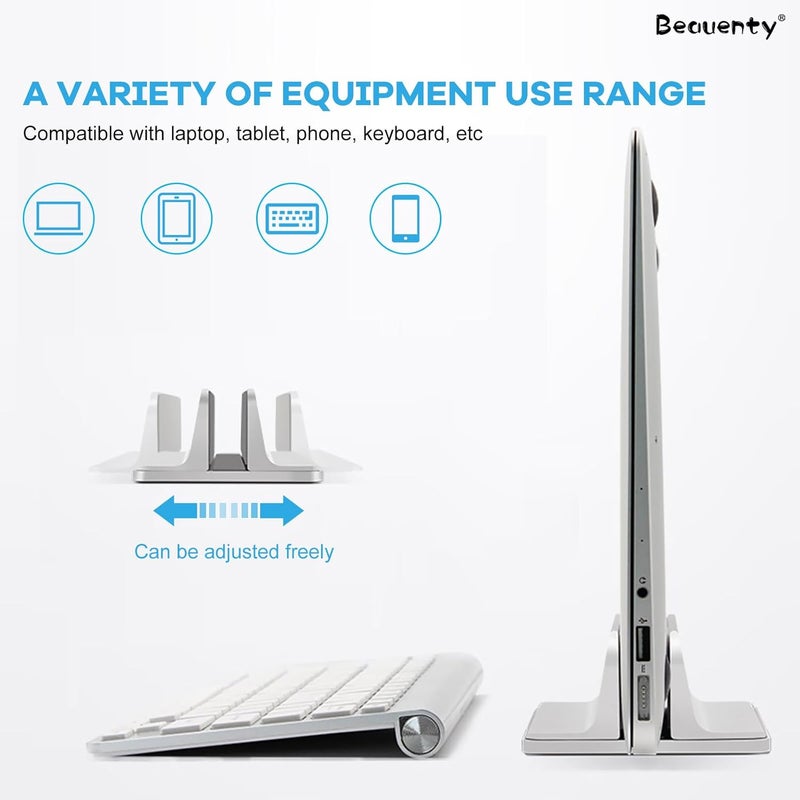 بيوينتي حامل عمودي للكمبيوتر المحمول، حامل كمبيوتر محمول سطح المكتب من سبائك الألومنيوم مع قاعدة سيليكون مانعة للانزلاق، حامل ماك بوك قابل للتعديل، حامل كمبيوتر لوحي وهاتف موفر للمساحة للمكتب (فضي) - Image 5