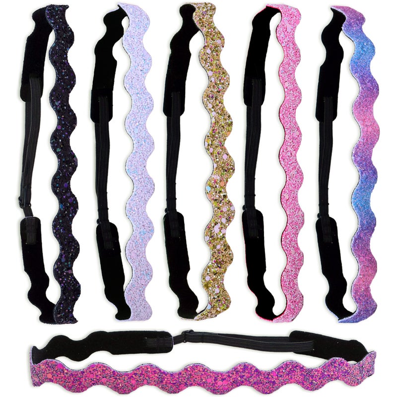 FROG SAC FROG SAC 6 Glitter Elastic Headbands for Girls, Adjustable Non Slip Thin Stretch Hair Bands, Wavy Sport Headband, Teen Girl Athletic Sport Head Band Accessories, Nonslip Zig Zag Toddler Hairbands 