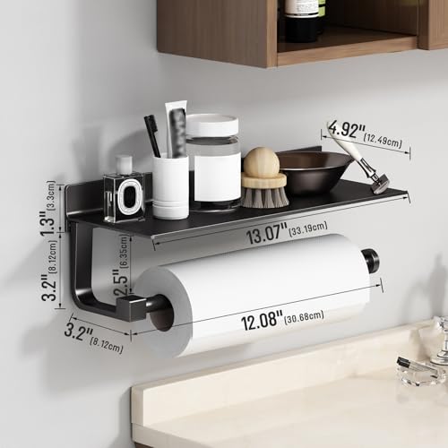 Danpoo Wall Mount Paper Towel Holder with Shelf for Bathroom/Kitchen, Adhesive Hand Towel Holder, Matte Black - Image 2