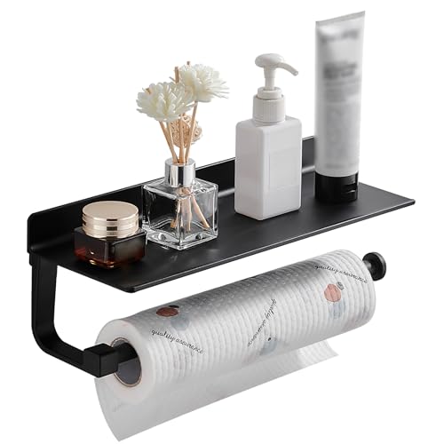 Danpoo Wall Mount Paper Towel Holder with Shelf for Bathroom/Kitchen, Adhesive Hand Towel Holder, Matte Black - Image 1