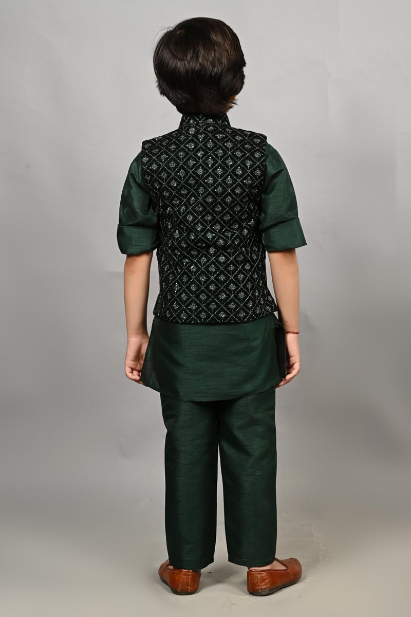AHHAAAA Kids Indian Ethnic Silk Blend Waistcoat Cotton Kurta Pyjama Set Traditional Bollywood Style Wedding Ethnic for Boys Green - Image 5