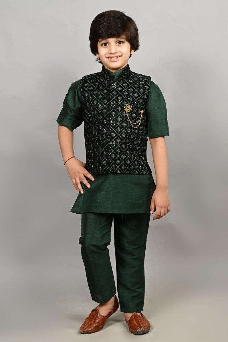 AHHAAAA Kids Indian Ethnic Silk Blend Waistcoat Cotton Kurta Pyjama Set Traditional Bollywood Style Wedding Ethnic for Boys Green - Image 2