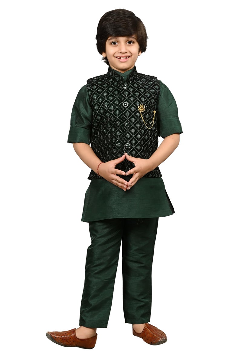 AHHAAAA Kids Indian Ethnic Silk Blend Waistcoat Cotton Kurta Pyjama Set Traditional Bollywood Style Wedding Ethnic for Boys Green - Image 1