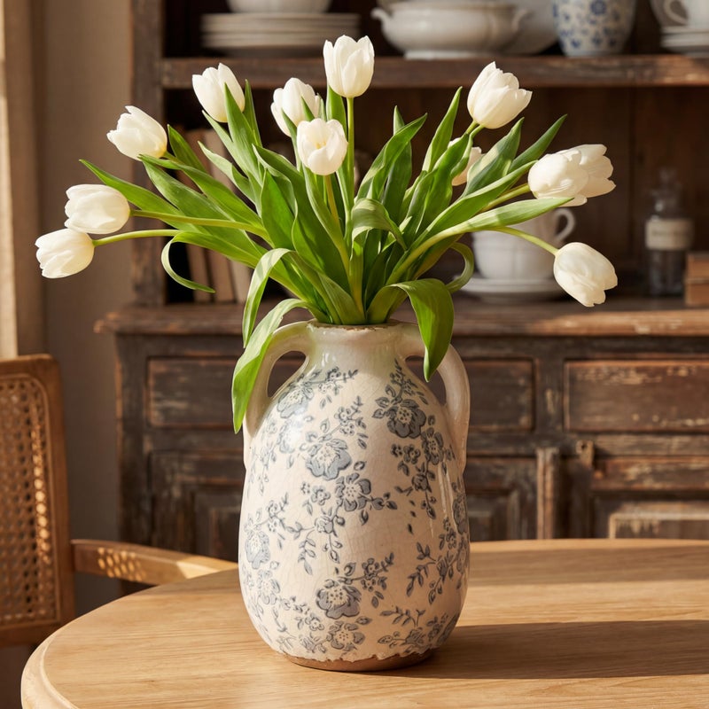 Ronasip Vintage Chinoiserie Blue and White Ceramic Vases Decor 7â€ Retro Ice Crackle Hand-Painted Peony Ceramic Pitcher Antique Style Home Decor (7.5 Inch Blue and White) - Image 2