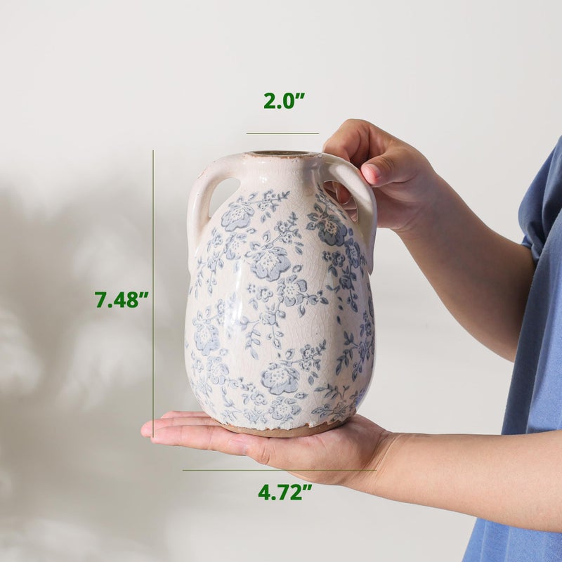 Ronasip Vintage Chinoiserie Blue and White Ceramic Vases Decor 7â€ Retro Ice Crackle Hand-Painted Peony Ceramic Pitcher Antique Style Home Decor (7.5 Inch Blue and White) - Image 5