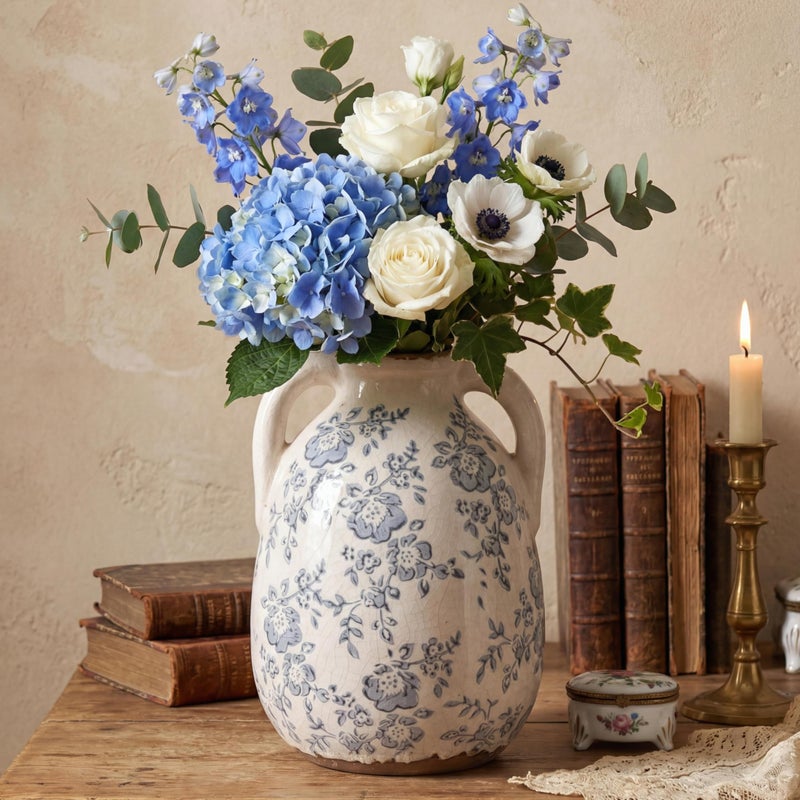 Ronasip Vintage Chinoiserie Blue and White Ceramic Vases Decor 7â€ Retro Ice Crackle Hand-Painted Peony Ceramic Pitcher Antique Style Home Decor (7.5 Inch Blue and White) - Image 1
