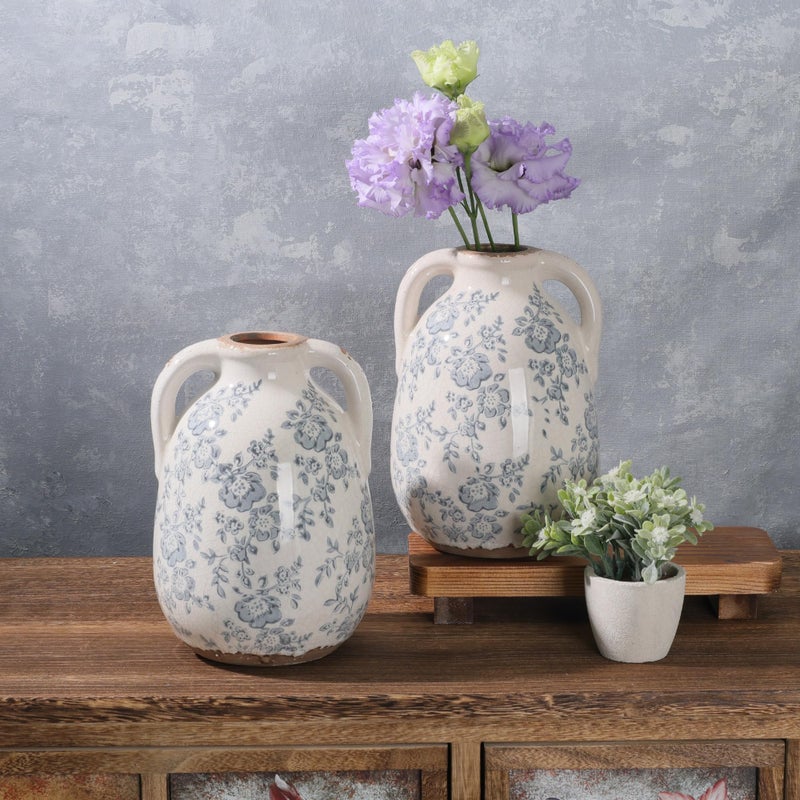 Ronasip Vintage Chinoiserie Blue and White Ceramic Vases Decor 7â€ Retro Ice Crackle Hand-Painted Peony Ceramic Pitcher Antique Style Home Decor (7.5 Inch Blue and White) - Image 3