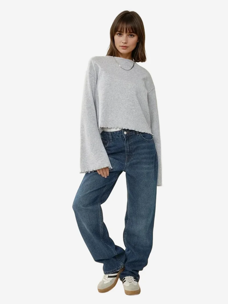 HICCUP Oversize Lettuce Hem Long Sleeve T-shirt