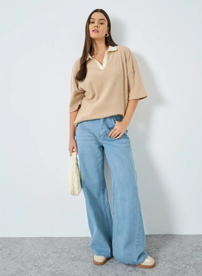 Styli Styli Beige Knitted Polo T-Shirt