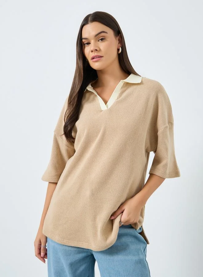 Styli Beige Knitted Polo T-Shirt
