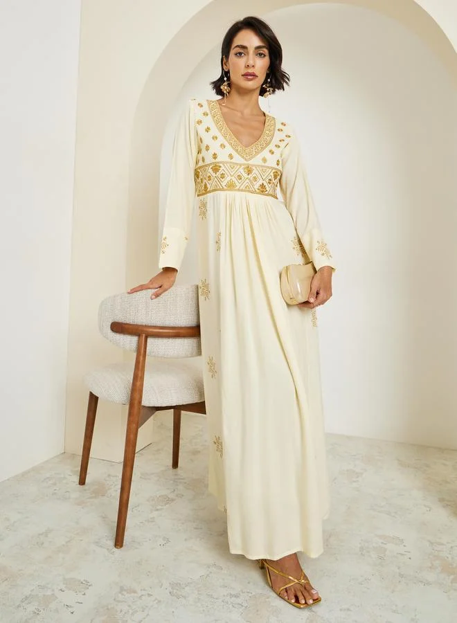 Women Cream Embroidered A-Line Jalabiya