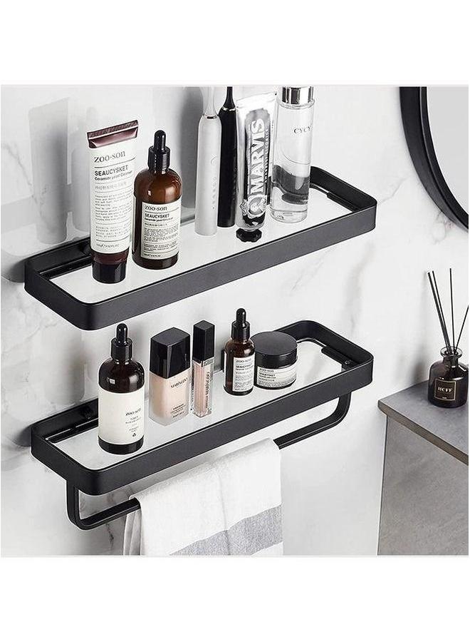 HOMESTAR Bathroom Shelves Wall Mounted Glass for Floating Shelf with Towel Holder Shower 2 Tier Organizer Black - Image 1
