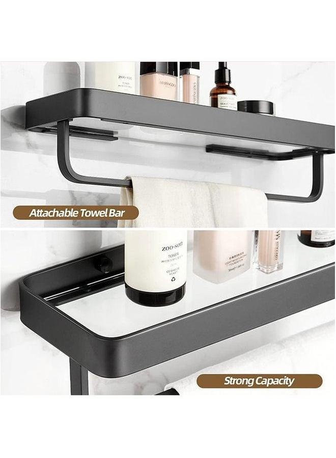 HOMESTAR Bathroom Shelves Wall Mounted Glass for Floating Shelf with Towel Holder Shower 2 Tier Organizer Black - Image 3