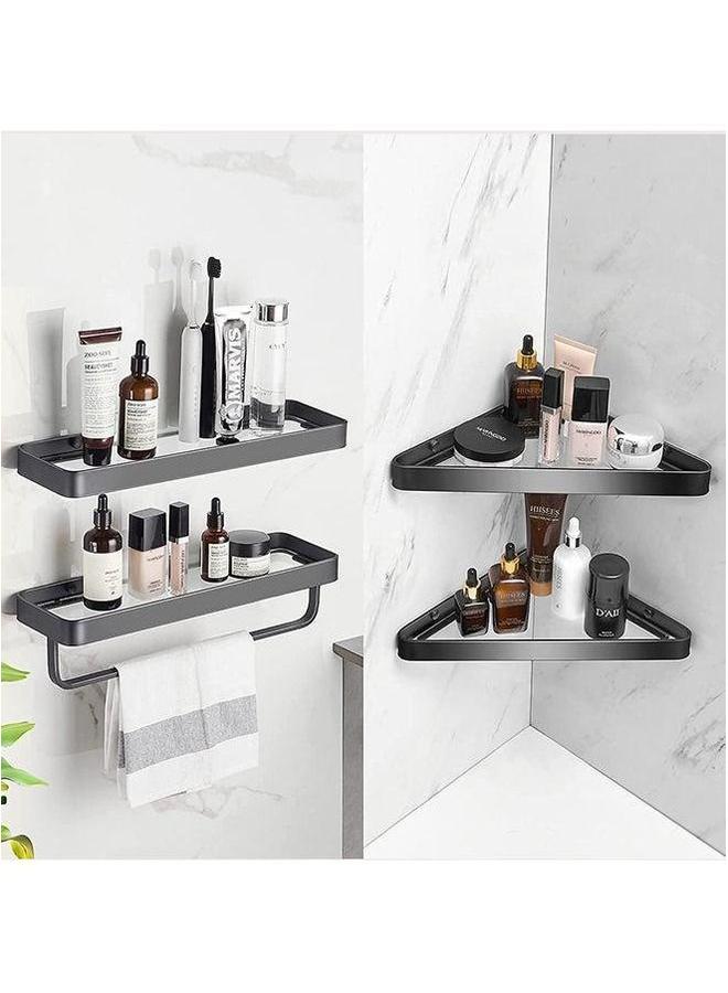 HOMESTAR Bathroom Shelves Wall Mounted Glass for Floating Shelf with Towel Holder Shower 2 Tier Organizer Black - Image 5