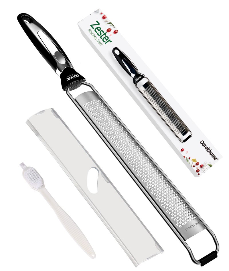 Ourokhome Kitchen Lemon Zester Stainless Steel Hand Held Parmesan Cheese Grater for Ginger Chocolate Coconut Lime Nutmeg Citrus Fruit Vegetable with Cleaning Brush Dishwasher safe Black