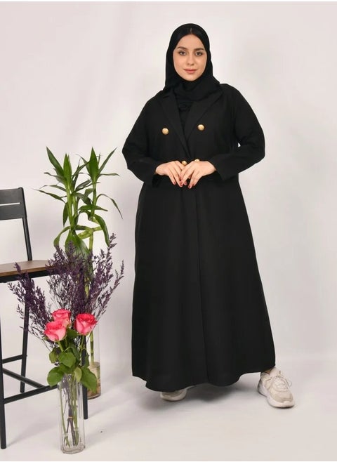 Black Sen Abaya - Formal with gold buttons and front pockets