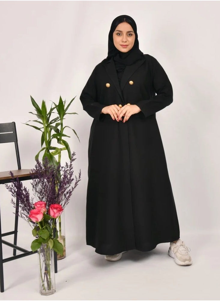 Black Sen Abaya - Formal with gold buttons and front pockets