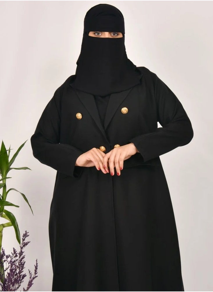 Black Sen Abaya - Formal with gold buttons and front pockets
