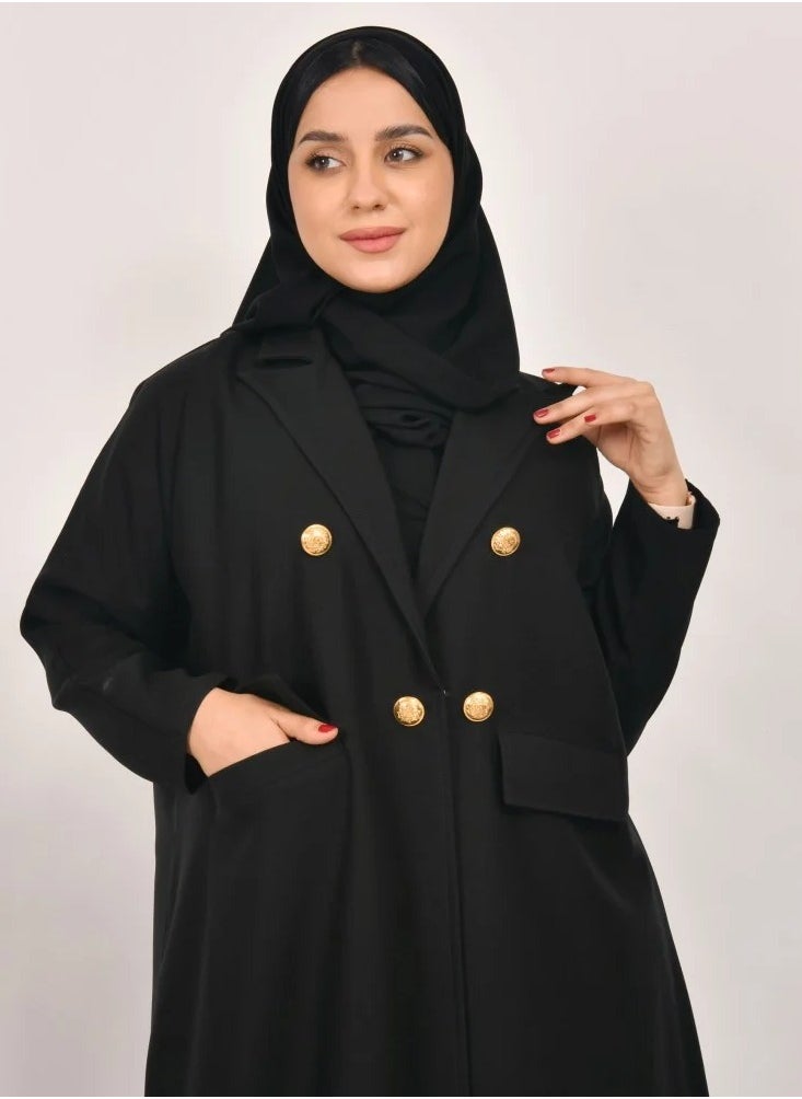 Black Sen Abaya - Formal with gold buttons and front pockets