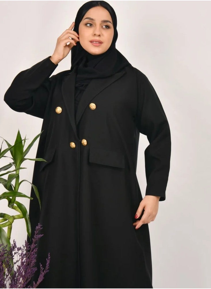 Black Sen Abaya - Formal with gold buttons and front pockets