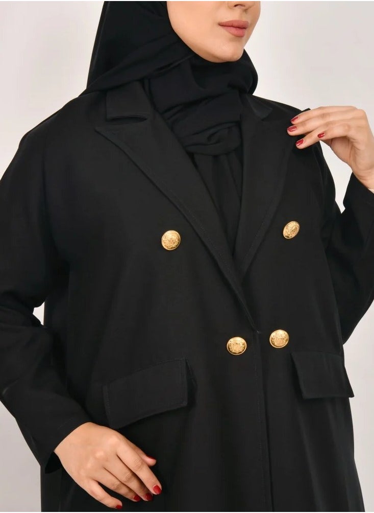 Black Sen Abaya - Formal with gold buttons and front pockets