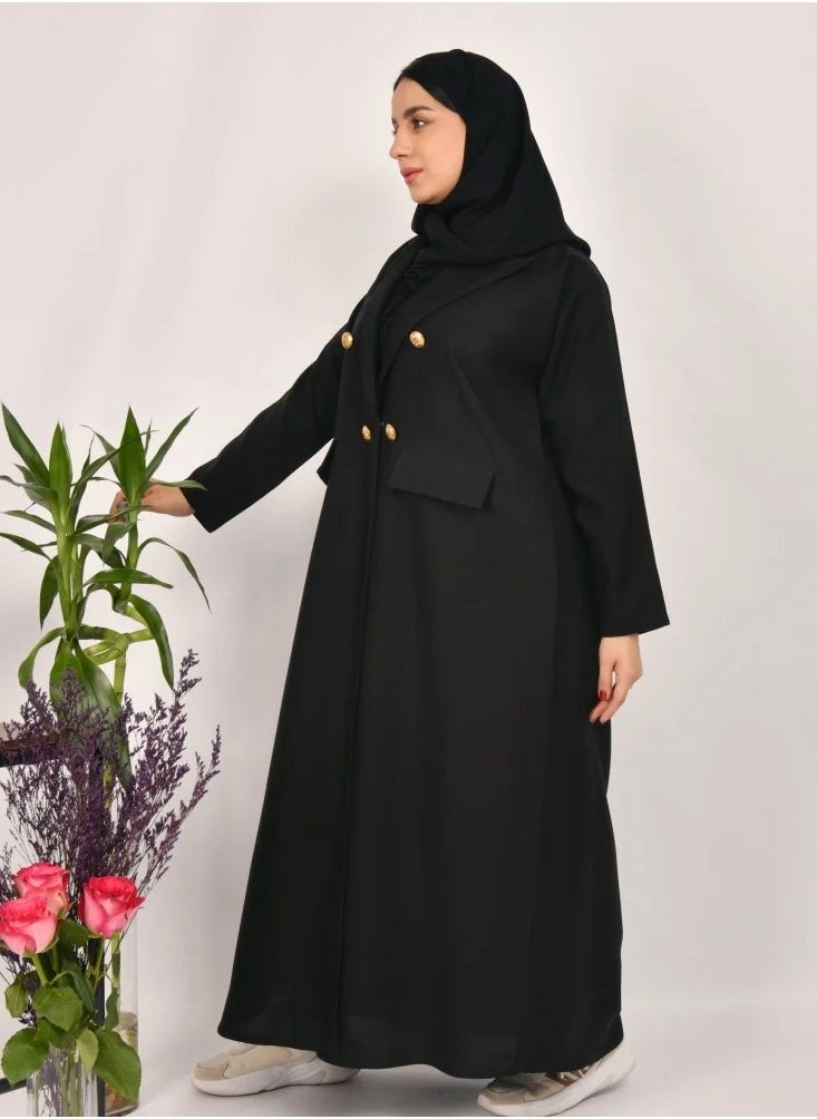 Black Sen Abaya - Formal with gold buttons and front pockets