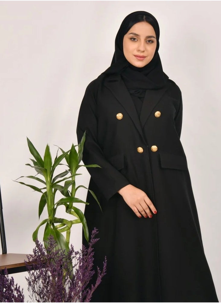 Black Sen Abaya - Formal with gold buttons and front pockets