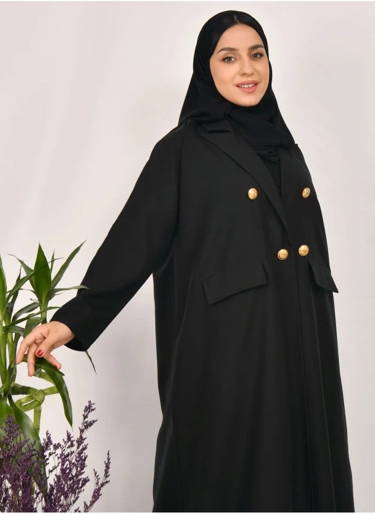Black Sen Abaya - Formal with gold buttons and front pockets