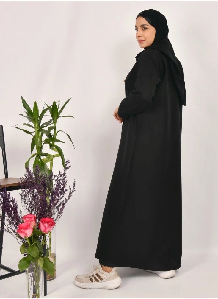 Black Sen Abaya - Formal with gold buttons and front pockets