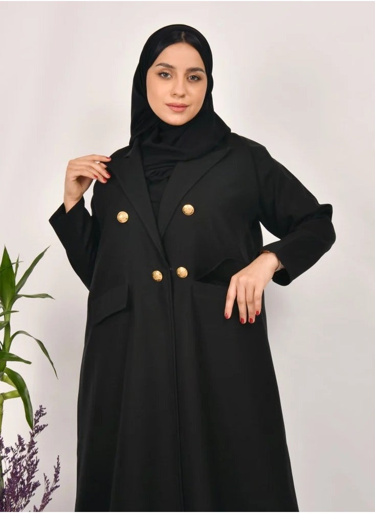 Black Sen Abaya - Formal with gold buttons and front pockets