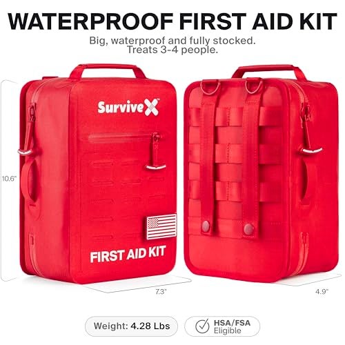 SurviveX Large Waterproof First Aid Kit for Car Travel Home Emergency Kit for Hiking Camping Backpacking and Outdoors Includes Zip Stitch Wound Closure Strips - Image 3