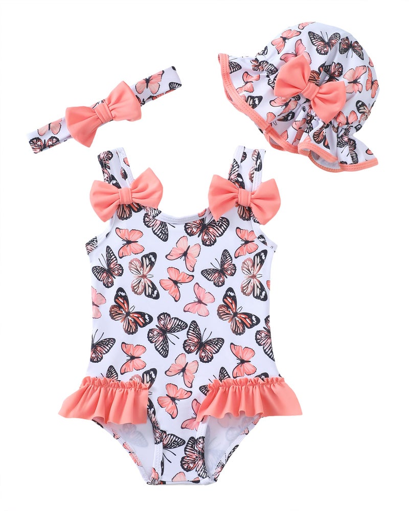 SODLON Baby Girl Swimsuit 6-12 Month Infant One-Piece Bathing Suit Cute Ruffle Bow Swimwear with Sunhat & Headband Summer Tankini Bikini Baby Beach Essentials Pink Butterfly - Image 1
