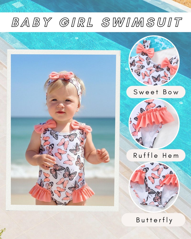 SODLON Baby Girl Swimsuit 6-12 Month Infant One-Piece Bathing Suit Cute Ruffle Bow Swimwear with Sunhat & Headband Summer Tankini Bikini Baby Beach Essentials Pink Butterfly - Image 3