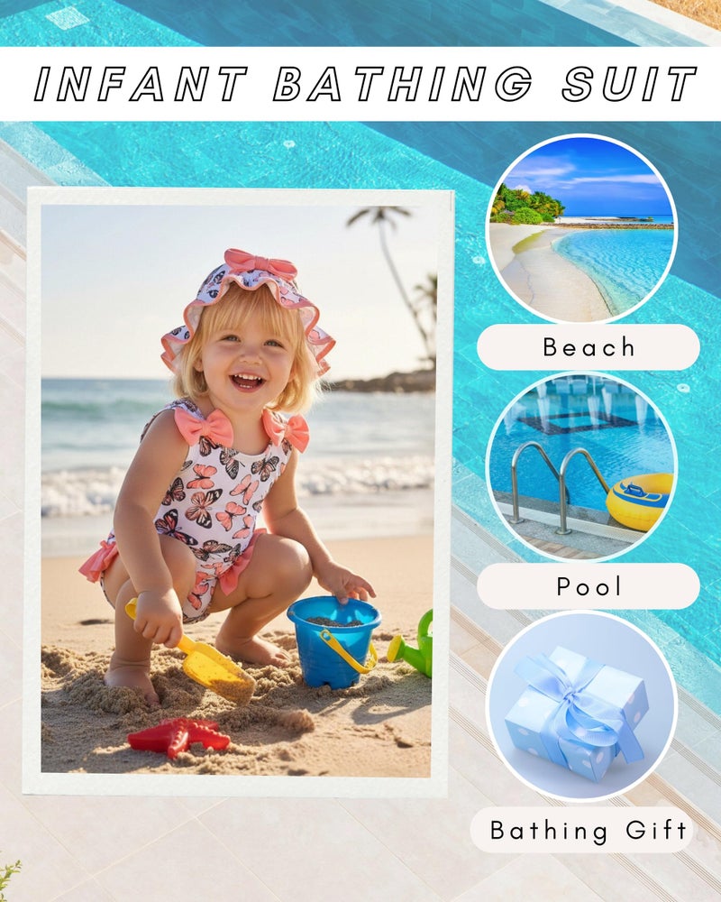 SODLON Baby Girl Swimsuit 6-12 Month Infant One-Piece Bathing Suit Cute Ruffle Bow Swimwear with Sunhat & Headband Summer Tankini Bikini Baby Beach Essentials Pink Butterfly - Image 4