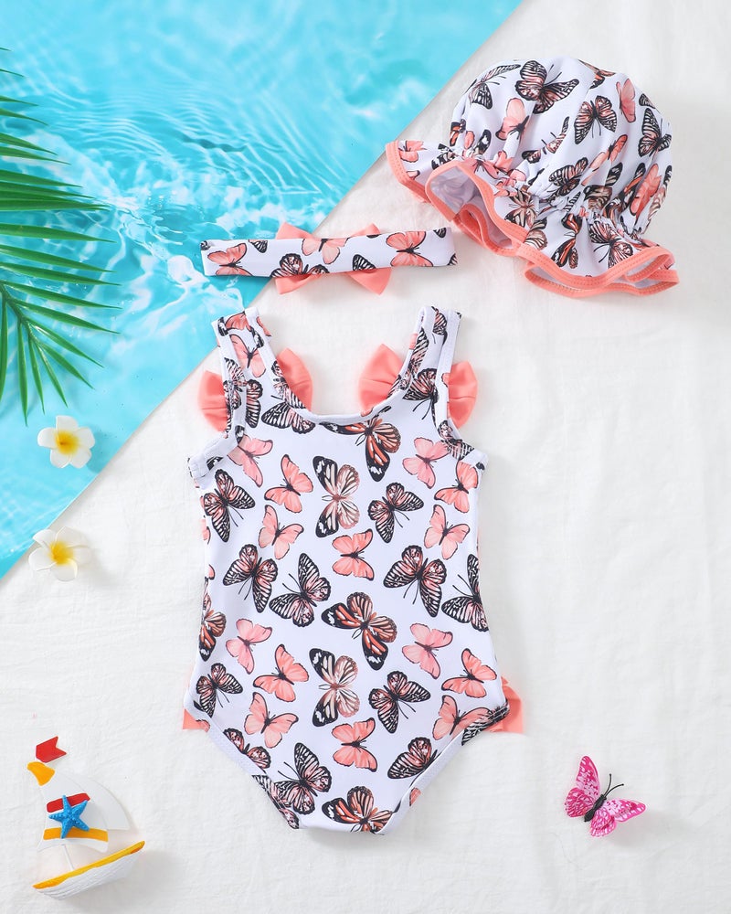 SODLON Baby Girl Swimsuit 6-12 Month Infant One-Piece Bathing Suit Cute Ruffle Bow Swimwear with Sunhat & Headband Summer Tankini Bikini Baby Beach Essentials Pink Butterfly - Image 2