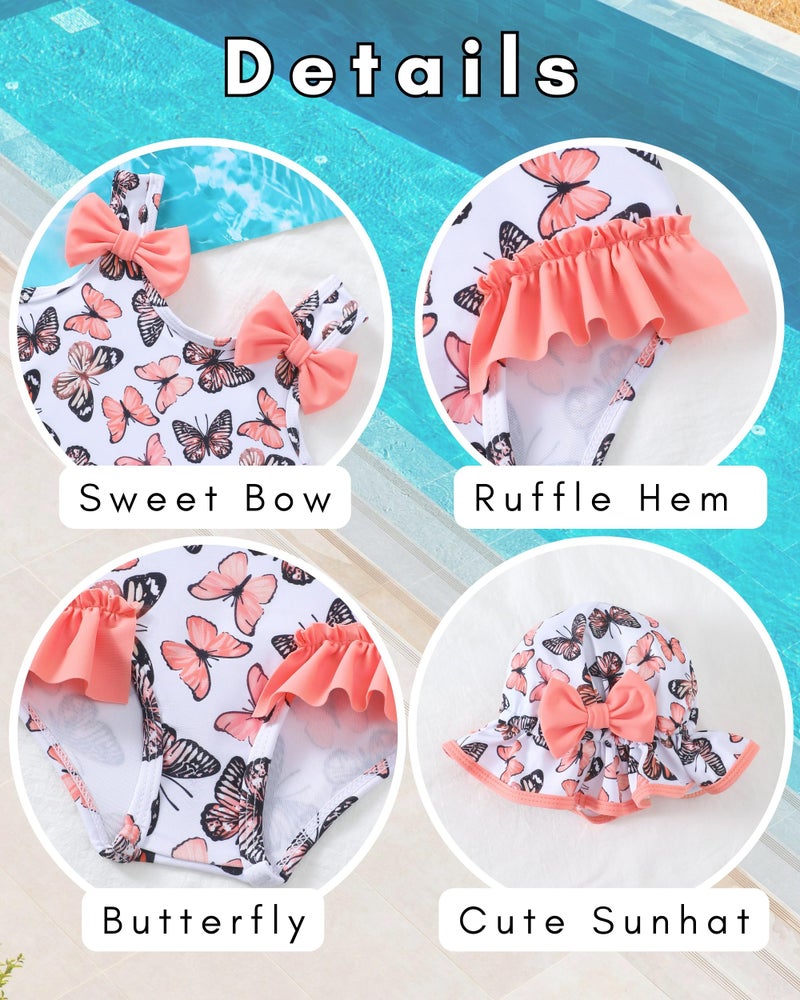 SODLON Baby Girl Swimsuit 6-12 Month Infant One-Piece Bathing Suit Cute Ruffle Bow Swimwear with Sunhat & Headband Summer Tankini Bikini Baby Beach Essentials Pink Butterfly - Image 5